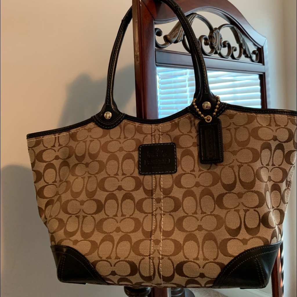 Coach Authentic Canvas Tote W/Black Leather Trim
